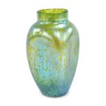 A late 19thC Loetz style green iridescent glass vase, of square dimpled form, 16.5cm high.
