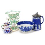 A group of 19thC ceramics, including a pearl ware blue and white bowl, chinoiserie decorated, Rockin