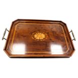 An early 20thC plum pudding mahogany and inlaid tray, decorated centrally with a floral patera, with