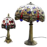 A Tiffany style table lamp, with a hexagonal shade decorated with dragonflies, 45cm high, and a smal