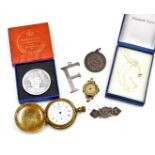 A lady's 9ct gold cased wristwatch, late 19thC hunting cased pocket watch, 9ct gold neck chain, 0.3g