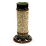 A late 19thC Royal Doulton stoneware chine spill vase, with floral decoration on a green ground, imp