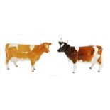 A Beswick Ayrshire cow, CH. Ickham Bessie 1980, and a Guernsey cow. (2)