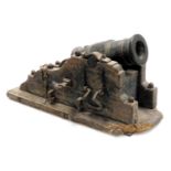 A 19thC Continental bronze mortar cannon, sitting within a painted wooden and cast iron carriage, 43