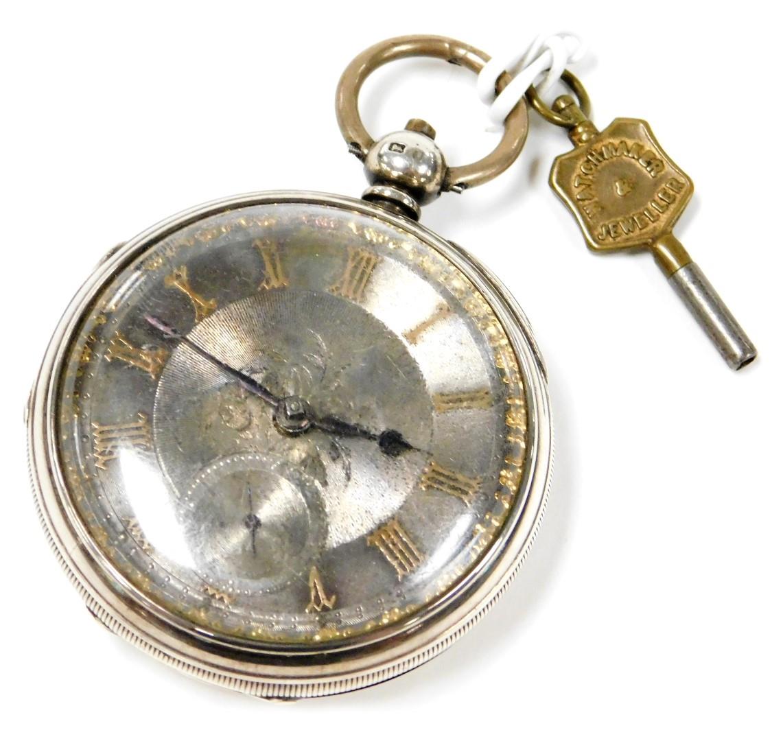 A Victorian gentleman's silver cased pocket watch, open faced, key wind, circular silver dial with e