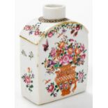 An 18thC Chinese export porcelain famille rose tea caddy, painted with a vase of flowers and fruit,
