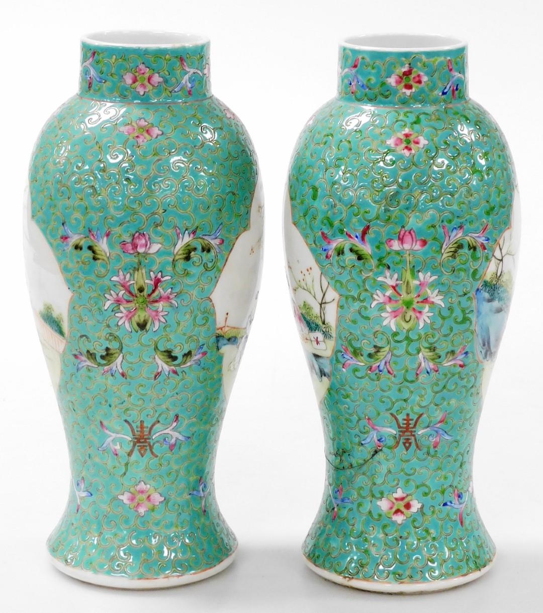 A pair of Chinese Republic famille rose porcelain vases, of baluster form, decorated with reserves o - Image 2 of 6