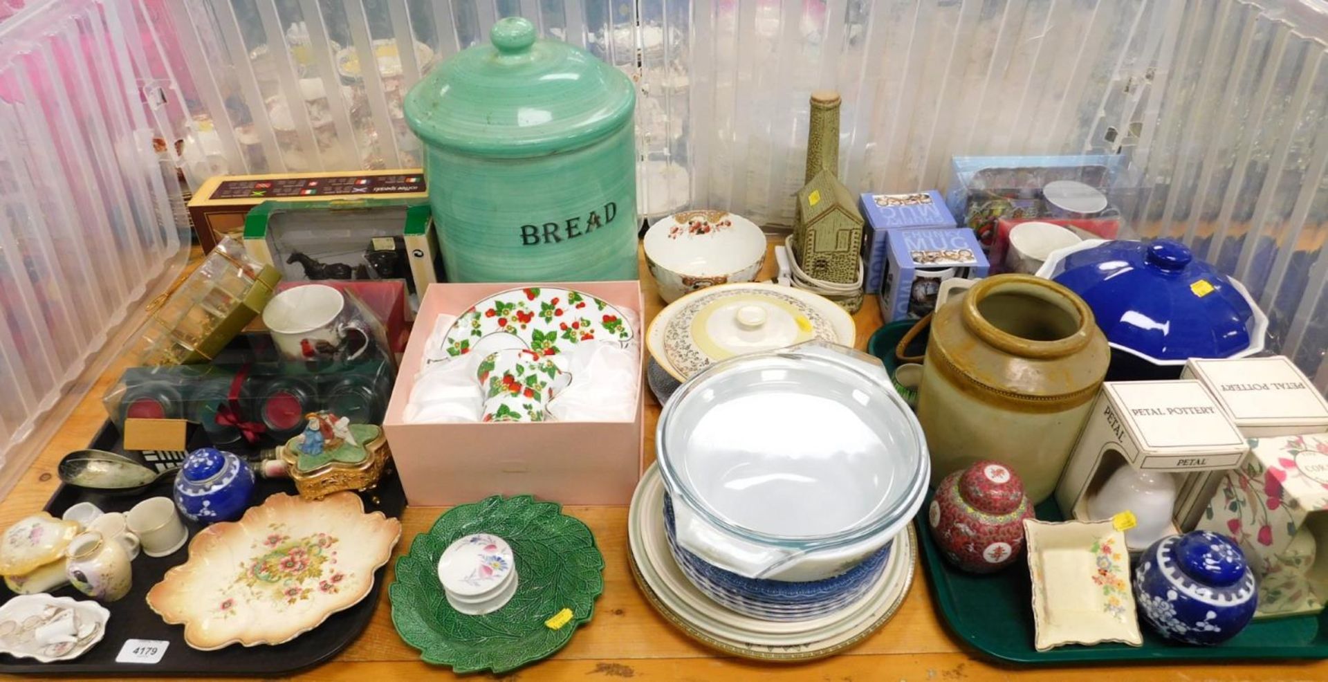 Assorted ceramics, including bread bin, bowl with cover, Chinese ginger jars, glass dishes, plates,
