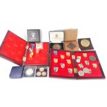 Kings and Queens of Great Britain enamel heraldic crest pin badges, in presentation cases, together