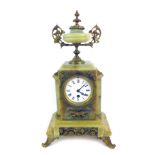 A 19thC green onyx and gilt ormolu mounted mantel clock, with an enamel Roman numeric dial, the case