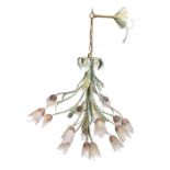 A green and gilt painted wrought metal light fitting, the shaped arms embellished with stylised leav