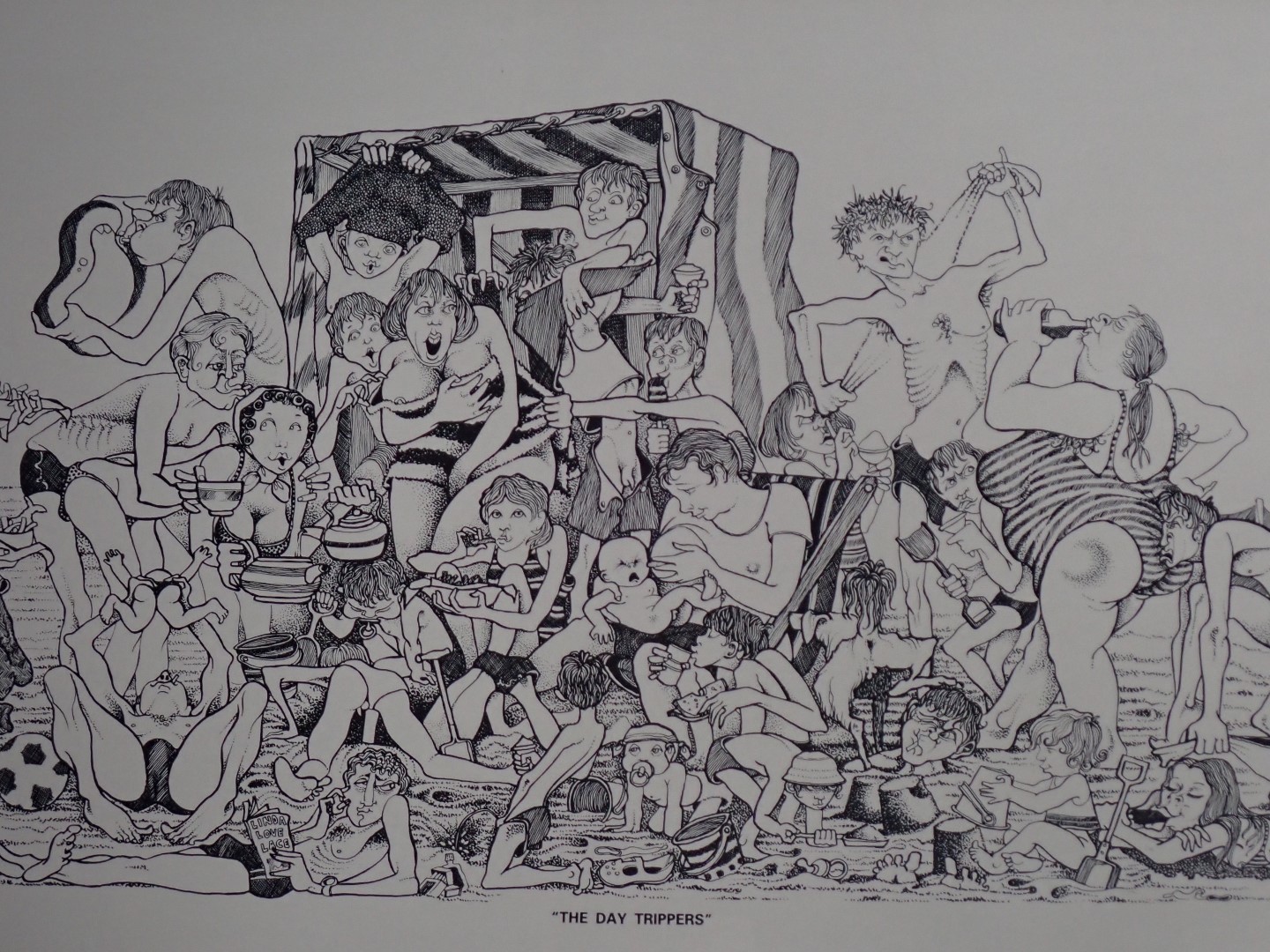 After Robert Olley (20thC School). Caricature print, The Day Trippers, signed, 30cm x 63cm, framed a - Image 2 of 3