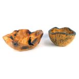 Two hardwood fruit bowls, comprising a spouted Birch Purley bowl, dated 2016, 18cm diameter, and a w