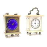 Two mother of pearl miniature mantel clocks, each with a seventeen jewel movement, one with white en