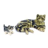 Two Winstanley ceramic cats, 35cm wide, and a kitten, 10cm wide. (AF) (2)