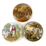 Three 19thC Prattware style pot lids, comprising Castle Hut, 10cm diameter, The Village Wedding, and