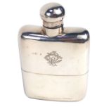 An early 20thC silver hip flask, of plain form, monogram engraved, with lower slip case engraved P J