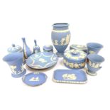 A group of pale blue Wedgwood jasperware, to include various Christmas plates, trinket box and cover