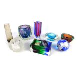 A collection of Art glass, including a flower shaped ashtray, unmarked coloured glassware, small gro