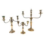 An early 20thC silver plated three branch candelabrum, with gadrooned borders, and central candle sn