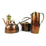 A group of copper and brass wares, including a hammered copper coffee pot, with string handle, 21cm