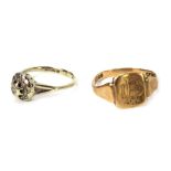 Two 9ct gold dress rings, comprising a 9ct gold signet ring with square panel bearing initials DE, r