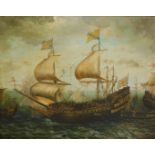 20thC School. Study of a naval two masted ship, bearing British Flag, oil on canvas, indistinctly si