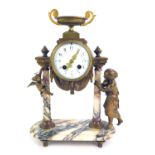 A 19thC French marble and spelter mantel clock, the Arabic numeral enamel painted dial decorated wit