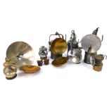A group of carbide lamps, various sized and designs, the largest 22cm high.