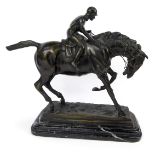 Manner of P J Mene. Horse and jockey, bronze, bearing name Mene to base, mounted on a stepped marble