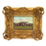 After A.G. Veal. A Vienna porcelain plaque, depicting an early 20thC horse race, stamped verso Vienn