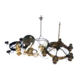 A collection of light fittings, to include a three branch gilt metal chandelier, a black painted wro