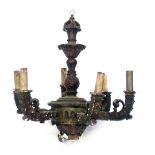 A Continental giltwood and gesso six branch chandelier, decorated with scrolls, 88cm high. (AF)