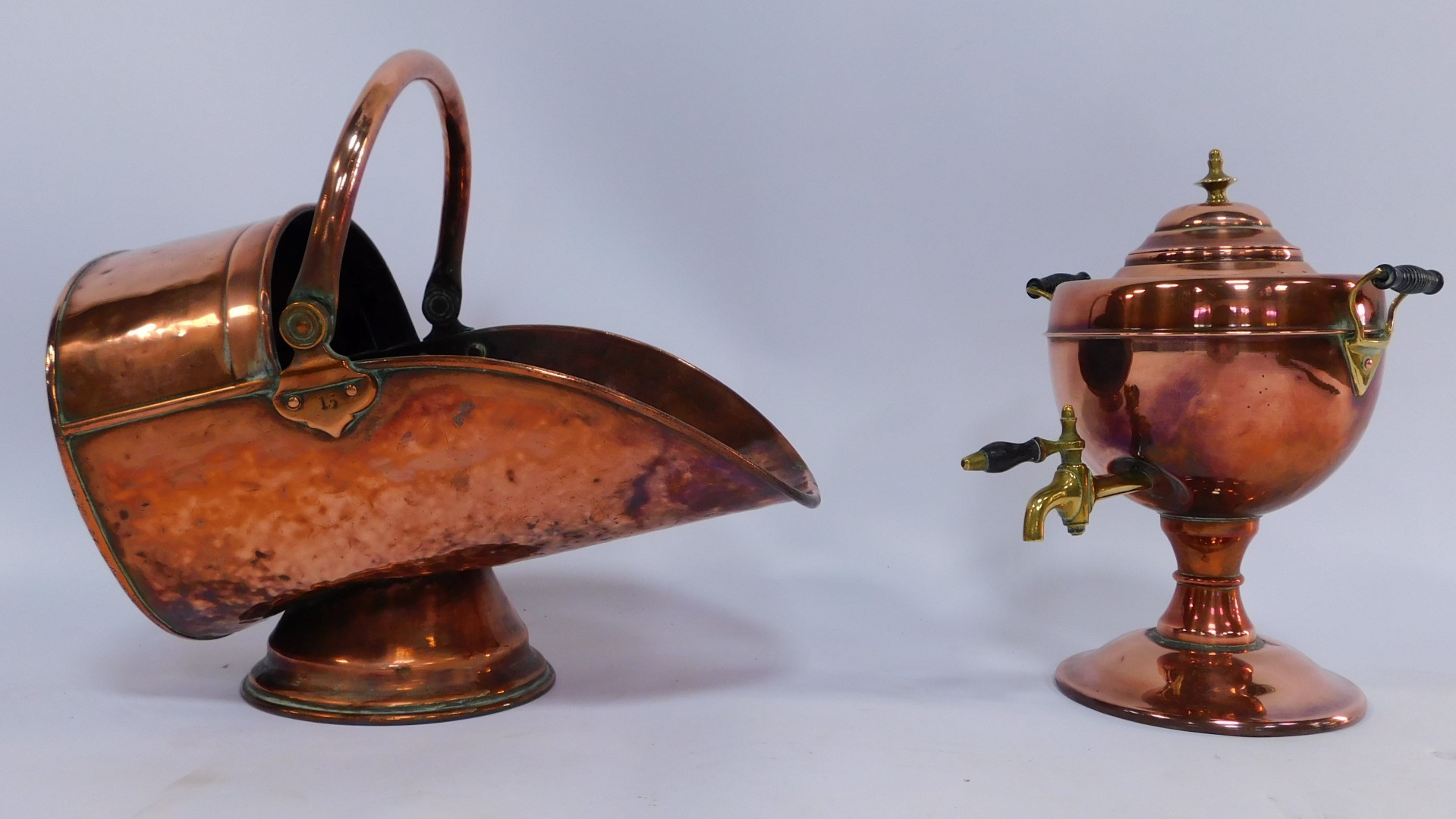 A group of 19thC copper ware, comprising a copper warming pan, copper coal helmet with swing handle, - Image 2 of 2