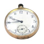 A 9ct gold cased pocket watch, with white enamel numeric dial, black hands and seconds counter, beze