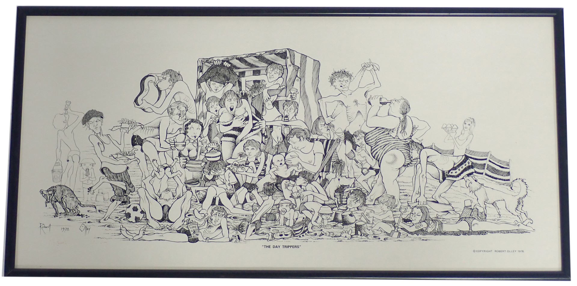 After Robert Olley (20thC School). Caricature print, The Day Trippers, signed, 30cm x 63cm, framed a