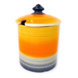 A Shelley mustard preserve pot and lid, with chrome and orange striped decoration, black Shelley sta