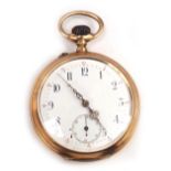 A yellow metal open faced pocket watch, the white enamel Arabic numeral dial bearing subsidiary seco