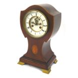 An Edwardian mahogany and inlaid mantel clock, of shaped balloon form, enamel Roman numeric dial, ei