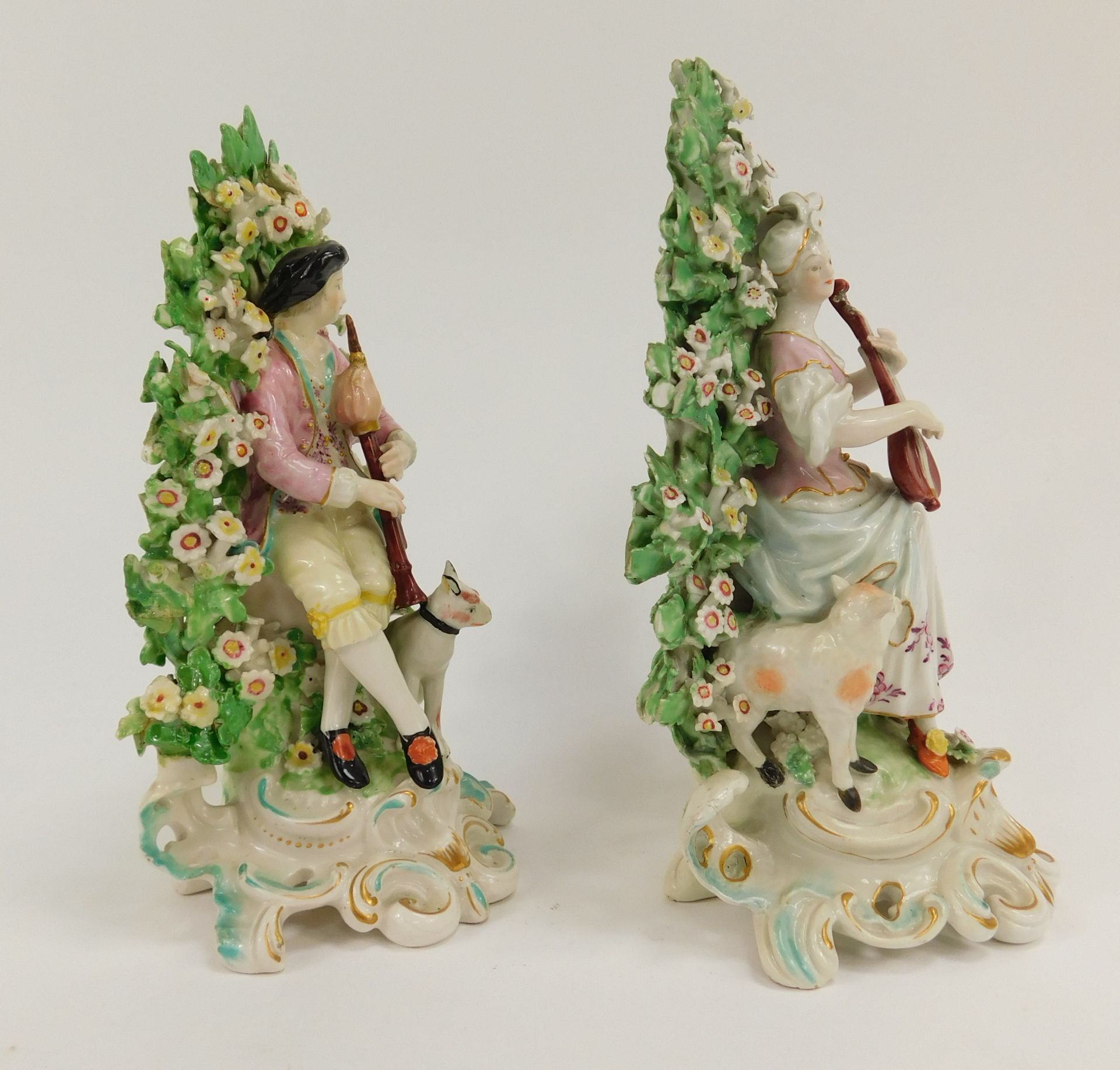 A pair of 19thC Continental porcelain figure groups in Derby style, depicting male and female playin - Image 2 of 5
