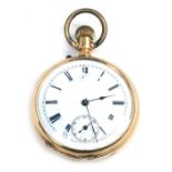 A yellow metal open faced pocket watch, the white enamel dial bearing Roman numerals, subsidiary sec