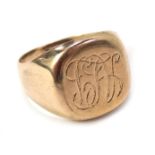 A 9ct gold signet ring, with a square panel inscribed with letters ALP, ring size R½, 6.2g.