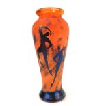 An Okra glass vase, decorated in the Fire Dance pattern, of elongated baluster form, signed to under