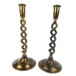 A pair of brass barley twist stem candlesticks, 29cm high.