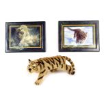 Two Bradford Exchange Tiger collector's plaques, 17cm x 23cm, and mohair model of a tiger, 9cm wide.
