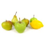 Six pieces of ceramic fruit, comprising two Pink Lady apples, two Braeburn apples, a pear and a lemo