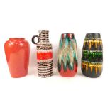 Four West German vases, comprising two 26cm high, one of brown and red with handle, 28cm high, and a