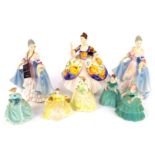 Three Royal Doulton porcelain figures, modelled as Christine, 18cm high, and Southern Belle, (x2), t