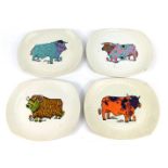 Four Ironstone Beefeater plates, each decorated centrally with variously coloured bulls, 28cm wide.