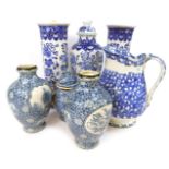 A group of blue and white pottery, to include a Villeroy and Boch ginger jar and cover, transfer dec
